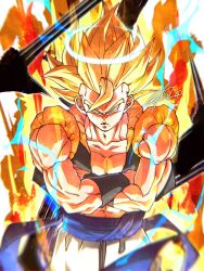 Rule 34 | 1boy, abs, aura, black vest, blonde hair, blue sash, cowboy shot, cropped vest, crossed arms, dragon ball, dragonball z, electricity, gogeta, green eyes, highres, lafia db, male focus, metamoran vest, muscular, muscular male, no shirt, open clothes, open vest, pants, sash, solo, spiked hair, super saiyan, super saiyan 1, vest, white pants