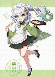 1girl alternate_costume apron black_footwear commentary_request dango dango_milk_(genshin_impact) enmaided floating_hair food frilled_apron frilled_hairband frills genshin_impact gradient_hair green_eyes green_hair green_kimono green_skirt gzmv4232 hair_between_eyes hair_ornament hairband holding holding_food holding_tray japanese_clothes kimono leaf_hair_ornament long_hair long_sleeves looking_at_viewer maid maid_headdress multicolored_hair nahida_(genshin_impact) open_mouth pleated_skirt pointy_ears sanshoku_dango side_ponytail skirt socks solo symbol-shaped_pupils tray twitter_username wa_maid wagashi white_apron white_hair white_hairband white_socks wide_sleeves