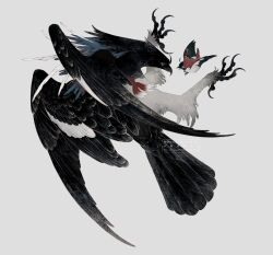 ahoge animal animal_focus beak bird black_feathers blue_feathers feathered_wings feathers full_body gradient_feathers highres no_humans original painterly piyomotsu red_feathers rope shimenawa talons two-tone_feathers watermark white_background white_feathers wings yellow_eyes