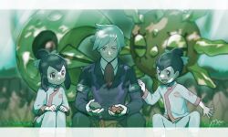 1girl 2boys armlet black_hair blurry blurry_background closed_mouth collared_shirt commentary_request day evolution_stone gen_3_pokemon grass hair_bun happy highres holding hyano9119 jacket jewelry letterboxed liza_(pokemon) lunatone multiple_boys necktie nintendo outdoors pants pokemon pokemon_(creature) pokemon_rse red_necktie shirt short_hair signature sitting smile solrock steven_stone sun_stone_(pokemon) tate_(pokemon) white_shirt
