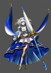 Rule 34 | 1girl, arm at side, armor, armored boots, belt, black bridal gauntlets, black choker, blue cape, blue dress, blue eyes, blue hair, blue hairband, boots, breasts, bridal gauntlets, brown belt, cape, choker, cleavage, closed mouth, collarbone, crossed legs, dress, feather hair ornament, feathers, floating cape, frilled dress, frills, full body, gradient hair, grey background, hair ornament, hairband, halter dress, halterneck, high-low dress, holding, holding polearm, holding weapon, jewelry, lance, layered dress, long dress, long sleeves, looking at viewer, medium breasts, multicolored hair, necklace, original, pauldrons, polearm, scallgo, sheath, sheathed, short hair, shoulder armor, simple background, smile, solo, standing, swept bangs, sword, tachi-e, thigh boots, two-tone dress, watson cross, weapon, white boots, white dress, white hair