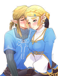 Rule 34 | 1boy, 1girl, artist name, black gloves, blonde hair, blue shirt, blush, braid, breasts, champion&#039;s tunic (zelda), closed eyes, commentary request, crown braid, earrings, gloves, gold trim, green eyes, hand on another&#039;s ear, hetero, highres, jewelry, kiss, kissing cheek, layered sleeves, link, long sleeves, medium breasts, nintendo, ponytail, princess zelda, shirt, short hair, short over long sleeves, short ponytail, short sleeves, sidelocks, simple background, teraichigo, the legend of zelda, the legend of zelda: tears of the kingdom, upper body, white background