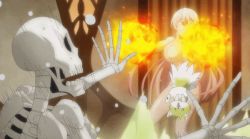 1boy 1girl angry animated animated_gif arc_lalatoya ariane_glenys_maple bath bathing bathroom breasts clenched_teeth completely_nude convenient_censoring elf fire fox gaikotsu_kishi-sama_tadaima_isekai_e_odekake-chuu gif_artifacts groin hair_censor hair_over_breasts hair_over_one_eye imanishi_tooru large_breasts long_hair magic nude pointy_ears ponta_(gaikotsu_kishi-sama) screencap skeleton standing teeth thighs water white_hair
