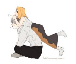 1boy 1girl ankle_boots black_pants black_skirt blonde_hair boots cigarette closed_mouth eyepatch franken_stein_(soul_eater) grey_hair hetero high_heel_boots high_heels hissiu leaning_on_person long_hair long_sleeves marie_mjolnir mouth_hold object_through_head pants screw_in_head shirt shoes short_hair simple_background sitting skirt sleeveless sleeveless_shirt soul_eater white_background white_shirt