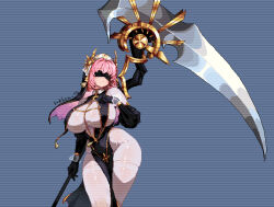 1girl arkham-ts artist_name black_blindfold black_gloves blindfold blue_background bodystocking breast_curtains breasts chinese_commentary closed_mouth commentary_request covered_eyes detached_sleeves elbow_gloves etaine_(game) gloves hand_on_own_chest highres holding holding_scythe holding_weapon huge_breasts huge_weapon mixed-language_commentary nun pelvic_curtain pink_hair pixel_art puffy_sleeves sally_(etaine) scythe short_hair simple_background solo tassel thigh_strap veil weapon white_bodystocking