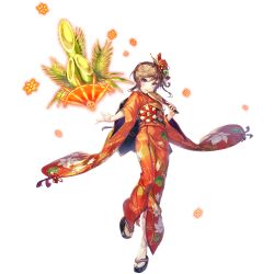 Rule 34 | 1girl, artist request, bad source, bamboo, breasts, brown hair, floral print, full body, game cg, hagoita, hair between eyes, highres, holding, japanese clothes, kimono, leonora (unitia), light blush, official alternate costume, official art, open mouth, paddle, purple eyes, solo, third-party source, transparent background, unitia