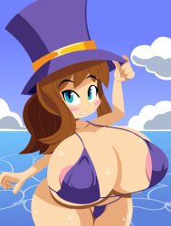 1girl a_hat_in_time adjusting_clothes adjusting_headwear areola_slip bikini blue_eyes blush_stickers breasts cleavage closed_mouth cloud collarbone colored_nipples covered_erect_nipples hat hat_kid long_hair looking_down oppai_loli outdoors ponytail purple_hat purple_nipples sidelocks sky smile solo sweat swimsuit teeth thick_thighs thighs top_hat water yelladrill yellow_trim