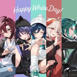 5boys aqua_eyes aqua_hair bandaid bandaid_on_face belt black_collar black_hair black_hat black_jacket black_nails black_pants black_shirt black_shorts blue_hair blue_pants blush braid brown_shorts closed_mouth collar crop_top genshin_impact gradient_hair green_eyes green_hair hair_between_eyes hair_ornament hat heart heart_hands highres jacket kaedehara_kazuha long_hair long_sleeves midriff mole mole_under_eye multicolored_hair multiple_boys navel one_eye_closed open_mouth pants purple_eyes red_eyes red_hair red_pants rrr_gns_(riuriu_1212) scaramouche_(genshin_impact) shirt short_hair shorts simple_background smile sweater teeth thighhighs tongue tongue_out torn_clothes torn_pants twin_braids venti_(genshin_impact) wanderer_(genshin_impact) white_day white_hair white_hat white_shirt white_sweater white_thighhighs x_hair_ornament xiao_(genshin_impact) yellow_eyes