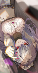 1girl arm_behind_head bare_arms belt black_belt black_pants blurry blurry_background blurry_foreground breasts commentary_request cropped_shirt crossed_bangs crown_hair_ornament depth_of_field double-parted_bangs finger_heart grey_hair grin hair_between_eyes hair_ornament hairclip highres hololive hololive_dev_is isaki_riona large_breasts long_hair looking_at_viewer lying midriff navel navel_piercing on_back outstretched_arm pants piercing pondel red_eyes shirt sidelocks sleeveless sleeveless_shirt smile solo two-tone_pants upside-down virtual_youtuber white_pants white_shirt