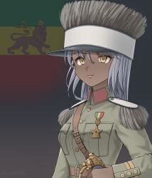 Rule 34 | 1girl, absurdres, artist name, belt, brown belt, closed mouth, commentary, dark-skinned female, dark skin, epaulettes, ethiopia, ethiopian flag, flag background, grey hair, hat, highres, holding, holding sword, holding weapon, leochan1202, long sleeves, medal, military, military uniform, original, peaked cap, second italo-ethiopian war, smile, soldier, solo, sword, upper body, very dark skin, weapon, yellow eyes