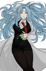 Rule 34 | 1girl, angela (project moon), arm up, beaker, black skirt, black vest, blue hair, breasts, coat, collared shirt, enkephalin (project moon), highres, lab coat, large breasts, lobotomy corporation, long hair, looking at viewer, lying, necktie, nori7, on back, parted bangs, pencil skirt, project moon, red necktie, shirt, skirt, solo, very long hair, vest, white coat, white shirt, yellow eyes