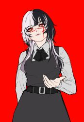 Rule 34 | 1girl, absurdres, archimedesu99, black dress, black hair, chainsaw man, closed mouth, cosplay, dress, fourth east high school uniform, grey hair, highres, hololive, hololive english, long hair, long sleeves, looking at viewer, multicolored eyes, multicolored hair, pinafore dress, red background, red eyes, scar, scar on face, scar on nose, school uniform, shiori novella, shirt, sleeveless, sleeveless dress, solo, split-color hair, two-tone eyes, two-tone hair, virtual youtuber, white shirt, yellow eyes, yoru (chainsaw man), yoru (chainsaw man) (cosplay)