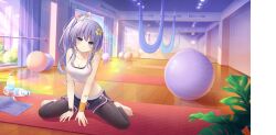 1girl ball black_pantyhose blush bottle breasts ceiling_light cleavage collarbone curtains date_a_live date_a_live:_spirit_pledge exercise_ball game_cg hair_ornament indoors izayoi_miku long_hair looking_at_viewer medium_breasts official_art one_side_up pantyhose plant purple_eyes purple_hair shorts sitting smile solo tank_top third-party_source wariza water_bottle white_tank_top