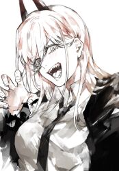 1girl black_hair breasts brown_hair chainsaw_man claw_pose commentary_request cross-shaped_pupils greyscale highres horns medium_breasts monochrome power_(chainsaw_man) sharp_teeth solo spot_color symbol-shaped_pupils teeth upper_body waltz_(tram)