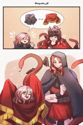 1boy 1girl artist_name black_cloak brother_and_sister brown_hair cloak closed_mouth commentary cosplay costume_switch elden_ring elden_ring:_shadow_of_the_erdtree english_commentary hair_between_eyes helmet highres long_hair melina_(elden_ring) messmer_the_impaler miqueliafantasia one_eye_closed open_mouth red_hair red_shawl shawl siblings slit_pupils smile snake sparkle standing twitter_username winged_helmet yellow_eyes