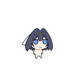 1girl :| blue_eyes blue_hair chibi closed_mouth empty_eyes expressionless full_body head_chain highres hololive hololive_english hunk_404 jewelry jitome nude ouro_kronii short_hair simple_background solo veil virtual_youtuber white_background