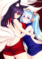 2girls ahri_(league_of_legends) animal_ears artist_name ass bare_back bare_shoulders blue_dress blue_eyes blue_hair blue_sweater blush breasts butt_crack closed_mouth commentary couple dress english_commentary facial_mark fox_ears fox_girl fox_tail foxykuro hair_between_eyes hug kitsune kyuubi large_breasts league_of_legends long_hair looking_at_viewer multiple_girls multiple_tails red_dress red_sweater sleeveless sleeveless_dress smile sona_(league_of_legends) sweater sweater_dress tail twintails virgin_killer_sweater yellow_eyes yuri