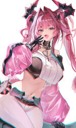 1girl absurdres arknights arknights:_endfield bare_shoulders black_horns blue_eyes blush breasts commentary_request cone_hair_bun crop_top detached_sleeves diamond_in_eye fang gloves hair_bun hair_intakes hand_up highres horns large_breasts long_hair long_sleeves looking_at_viewer multicolored_horns navel open_mouth pants pink_gloves pink_hair pink_horns pink_sleeves puffy_long_sleeves puffy_sleeves puranetto_(vjun4748) see-through_clothes see-through_sleeves short_eyebrows simple_background sitting skin_fang smile solo strapless thick_eyebrows tube_top twintails two-tone_gloves two-tone_horns very_long_hair white_background white_pants yvonne_(arknights)