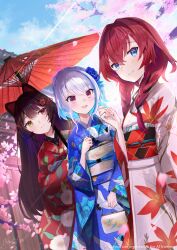 3girls ange_katrina ange_katrina_(new_year) animal_ears animal_print artist_name bird_print black_hair black_sash blue_eyes blue_flower blue_hair blue_kimono blue_sky braid brown_hair cherry_blossoms closed_mouth cloud colored_inner_hair commentary_request crossed_bangs crown_braid day dog_ears flat_chest floral_print floral_print_kimono flower grey_sash hair_between_eyes hair_flower hair_intakes hair_ornament hair_ribbon hand_up heterochromia highres holding holding_umbrella inui_toko inui_toko_(4th_costume) japanese_clothes kimono light_blush light_rays lize_helesta lize_helesta_(6th_costume) long_hair long_sleeves looking_at_another looking_at_viewer multicolored_hair multicolored_sash multiple_girls n3knp nijisanji obi obiage obidome obijime oil-paper_umbrella open_mouth orange_sash outdoors print_kimono purple_eyes red_eyes red_hair red_kimono red_ribbon red_sash red_umbrella ribbon sanbaka_(nijisanji) sash short_hair sidelocks signature sky smile streaked_hair tree two-tone_hair umbrella very_long_hair virtual_youtuber watermark white_hair white_kimono yellow_eyes