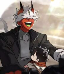 alien bandages black_jacket blinding_bangs braid engineer gloves grey_shirt horns jacket mori_(on_the_way_to_meet_mom) on_the_way_to_meet_mom ryder shirt source_request white_hair