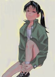 1girl amasawa_yuuko black_hair closed_mouth commentary_request dennou_coil female_focus glasses jacket looking_at_viewer medium_hair simple_background solo twintails