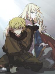 2boys androgynous blonde_hair blue_eyes blunt_bangs brown_hair canute closed_mouth dagger eyebrows eyebrows_hidden_by_hair fighting_stance fur_trim highres holding holding_dagger holding_knife holding_weapon kneeling knife long_hair looking_at_viewer male_focus messy_hair multiple_boys parted_lips prince protecting spring_deers thorfinn viking vinland_saga weapon