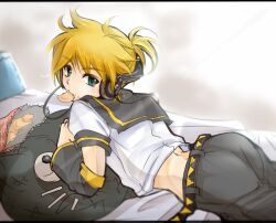 1boy asuka_f bed belt bishounen black_sailor_collar black_shorts blonde_hair blue_eyes chips_(food) detached_sleeves eating fang food from_behind headphones kagamine_len looking_at_viewer lying male_focus on_stomach ponytail sailor_collar sailor_shirt shirt short_ponytail shorts solo solo_focus vocaloid
