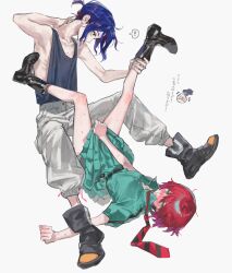 1boy 1girl ? amate_yuzuriha aqua_eyes between_legs blue_hair blush boots collared_shirt colored_inner_hair diurtion full_body gundam gundam_gquuuuuux haro highres legs_up lying multicolored_hair necktie non-humanoid_robot on_back pants ponytail purple_hair red_eyes red_hair robot school_uniform shirt short_hair short_sleeves shuji_ito simple_background sitting skirt skirt_tug sleeveless spoken_question_mark sweat tank_top two-tone_hair upside-down white_background
