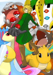 00s 1boy blonde_hair cresselia dragonite gen_1_pokemon gen_3_pokemon gen_4_pokemon heatran legendary_pokemon milotic nintendo palmer_(pokemon) poke_ball pokemon pokemon_(creature) regigigas rhyperior yellow_eyes
