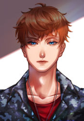 1boy 3_8_2. adam&#039;s_apple blue_eyes busujima_rio_mason camouflage camouflage_shirt hypnosis_mic jewelry looking_at_viewer necklace orange_hair portrait shirt short_hair solo