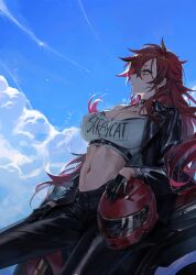1girl absurdres aki_(maenoo) arm_support bird black_bra black_jacket black_panties black_pants blush bra bra_strap breasts cleavage closed_mouth clothes_writing cloud cloudy_sky earrings full_body gloves hair_between_eyes hair_lift hand_on_helmet helmet highleg highleg_panties highres jacket jewelry large_breasts leather leather_gloves leather_jacket leather_pants leg_up long_hair looking_to_the_side maenoo mole mole_on_stomach motor_vehicle motorcycle motorcycle_helmet navel off_shoulder open_clothes open_jacket original panties pants panty_straps red_hair sky solo tank_top underwear white_tank_top yamaha_yzf-r1 yellow_eyes