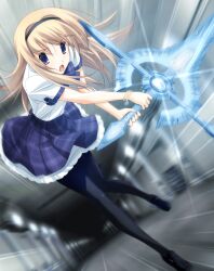 Rule 34 | 1girl, black hairband, black pantyhose, black shoes, blonde hair, blue sword, chaos;head, chaos;head love chu chu!, collared shirt, d-sword, floating clothes, floating hair, game cg, glowing, glowing sword, glowing weapon, hairband, highres, holding, holding sword, holding weapon, huge weapon, incoming attack, leaning forward, loafers, long hair, long sidelocks, looking at viewer, matsuo yukihiro, motion blur, motion lines, nishijou nanami, non-web source, official art, open mouth, pantyhose, pink lips, plaid clothes, plaid skirt, plaid sleeves, plaid trim, pleated skirt, purple eyes, running, school uniform, serious, shiny eyes, shiny lips, shirt, shoes, short sleeves, sidelocks, skirt, solo, suimei school uniform, suimei summer uniform, sword, tongue, torn clothes, torn pantyhose, tunnel, underground, v-shaped eyebrows, weapon, white petticoat