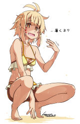 1girl argo_the_rat bare_arms bare_legs bare_shoulders barefoot bikini breasts brown_eyes brown_hair facial_mark feet highres looking_at_viewer shikei short_hair sweatdrop swimsuit sword_art_online sword_art_online_progressive tattoo white_background yellow_bikini
