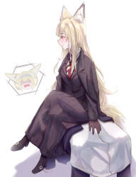 10_shii 1other 2girls absurdres animal_ear_fluff animal_ears apron arknights black_coat black_jacket black_shoes black_skirt blonde_hair blue_hairband blush brown_gloves closed_mouth coat coat_on_shoulders doctor_(arknights) fox_ears fox_girl gloves hairband high_heels highres jacket long_hair long_skirt looking_to_the_side multiple_girls necktie no_eyes open_mouth orange_eyes red_necktie shoes sitting sitting_on_person skirt smile suzuran_(arknights) vulpisfoglia_(arknights) white_apron