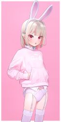 1girl :o animal_ears blonde_hair blunt_bangs border bow bow_panties clothes_writing colored_inner_hair commentary crotch_seam eyes_visible_through_hair fake_animal_ears garter_belt hair_intakes hairband hand_in_pocket highres jacket loli long_sleeves looking_at_viewer makaino_ririmu medium_hair multicolored_hair nijisanji no_pants open_mouth panties panties_over_garter_belt pink_background pink_hair pink_jacket pink_panties pink_theme pointy_ears rabbit_ears red_eyes sabamen shirt simple_background solo striped_clothes striped_panties thighhighs two-tone_hair underwear vertical-striped_clothes vertical-striped_panties virtual_youtuber white_border white_bow white_garter_belt white_hairband white_shirt white_thighhighs