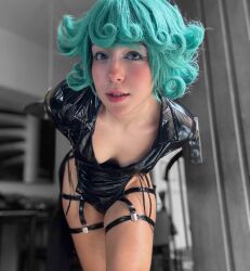 Rule 34 | 1girl, bare legs, black dress, brazilian (nationality), breasts, cleavage, cosplay, dress, female focus, green hair, highres, looking at viewer, nerokosplayer, no panties, one-punch man, photo (medium), short hair, small breasts, solo, tatsumaki, tatsumaki (cosplay)