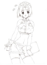 1girl breasts clipboard commentary_request contrapposto cowboy_shot crop_top curtained_hair earrings flying_sweatdrops greyscale holding holding_clipboard holding_pen jewelry kafra_uniform large_breasts lineart looking_at_viewer maid maid_headdress midriff miniskirt monochrome navel necktie open_mouth panties parted_bangs pen ragnarok_online sampaguita_(ragnarok_online) shirt short_hair simple_background skirt sleeveless sleeveless_shirt solo sphere_earrings thighhighs underwear uzuki_sakura_(mmys534)