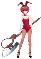 1girl alternate_costume amate_yuzuriha animal_ears axe black_footwear bow bowtie breasts brown_pantyhose cleavage corrupted_twitter_file detached_collar fake_animal_ears full_body gundam gundam_gquuuuuux hand_on_own_hip holding holding_axe holding_weapon leotard medium_breasts nito_(nshtntr) pantyhose playboy_bunny rabbit_ears red_bow red_bowtie short_hair simple_background solo standing strapless strapless_leotard weapon white_background wrist_cuffs