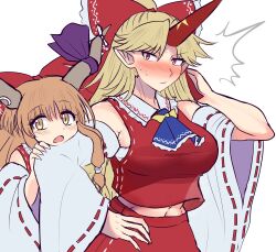 absurdres blonde_hair blush breasts cosplay detached_sleeves elaphe_guttata6 fang hair_ribbon hakurei_reimu hakurei_reimu_(cosplay) highres horn_ornament horn_ribbon horns hoshiguma_yuugi ibuki_suika large_breasts long_hair midriff oni pointy_ears ribbon sarashi single_horn sweat touhou