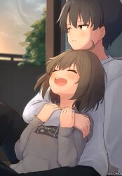 1boy ahoge blush centi_mnkt closed_eyes closed_mouth commentary_request dot_nose dusk expressionless grey_shirt haruka_(centi_mnkt) highres holding_another&#039;s_wrist looking_to_the_side open_mouth original outdoors partial_commentary pout shirt short_hair sidelocks sitting sitting_on_lap sitting_on_person smile teeth twitter_username upper_teeth_only white_shirt