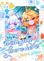Rule 34 | 2girls, aqua bikini, aqua eyes, aqua hair, aqua shirt, bikini, black bikini, blonde hair, blue eyes, blue ribbon, character name, dokibird, dokibird (tomato), dragoon (dokibird), english text, gradient hair, heart, heterochromia, highres, indie virtual youtuber, mint fantome, multicolored hair, multiple girls, necktie, orange necktie, pochaimo, red eyes, ribbon, shirt, swimsuit, traditional media, triangular headpiece, upper body, v, white hair, wisps (mint fantome)
