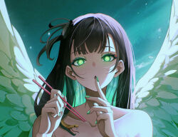 Rule 34 | 1girl, angel wings, bare arms, bare shoulders, black hair, character request, chopsticks, cloud, copyright request, green eyes, green hair, highres, long hair, looking at viewer, multicolored hair, nail polish, nervi fd, sky, snake, solo, two-tone hair, upper body, very long hair, wings