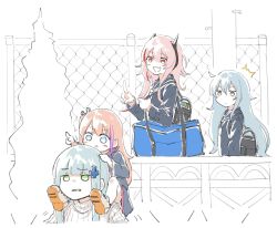 4girls :d backpack bag blue_eyes blue_hair carrying commentary_request duffel_bag fence g11_(girls&#039;_frontline) girls&#039;_frontline green_eyes streaked_hair highres hk416_(girls&#039;_frontline) m4_sopmod_ii_(girls&#039;_frontline) multicolored_hair multiple_girls open_mouth piggyback pink_hair pointing red_eyes school_uniform shinoe_nun smile st_ar-15_(girls&#039;_frontline) surprised utility_pole v aged_down