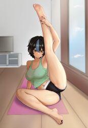 1girl :/ arm_support armpits bare_legs barefoot black_hair black_nails black_shorts blue_hair breasts brown_eyes closed_mouth commentary_request covered_erect_nipples double-parted_bangs feet fingernails flat_screen_tv flexible green_tank_top hair_between_eyes highres holding_own_leg indoors large_breasts leg_up legs long_fingernails looking_at_viewer micro_shorts multicolored_hair nail_polish navel navel_piercing nihu original piercing short_hair shorts soles solo tank_top television thighs toenail_polish toenails toes two-tone_hair wooden_floor yoga_mat