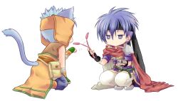 2boys animal_ears blue_eyes blue_hair can canned_food cape cat_boy cat_ears cat_teaser commentary_request deformed fire_emblem fire_emblem:_path_of_radiance headband holding holding_can ike_(fire_emblem) multiple_boys nintendo no_mouth ranulf_(fire_emblem) shirayuki_shion short_hair squatting tail