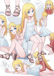 1girl 1other absurdres angel angel_wings barefoot blonde_hair blue_eyes blush broken_halo closed_mouth commentary_request covering_face crimvael crossover donut dress eating feet food gabriel_dropout gabriel_tenma_white halo highres implied_futanari implied_handjob ishuzoku_reviewers jacket lan_mao_akko long_hair looking_at_penis looking_at_viewer lying multiple_views naughty_face no_panties nose_blush on_side open_mouth pleated_skirt purple_eyes red_jacket red_skirt sandals simple_background sitting skirt sleeveless sleeveless_dress smile speech_bubble standing thought_bubble toes tomita_miyu voice_actor_connection white_background white_dress wings