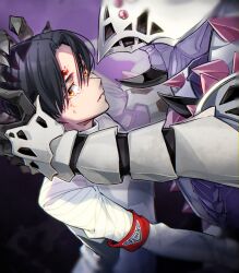 aam09212 ahoge akaishi_hideo armband armor black_hair blood blood_on_face corruption deadmen_(kamen_rider_revice) demon evil_eyes evil_grin evil_smile fenix_uniform giffdemos gloves grin henshin holding hug igarashi_daiji kamen_rider kamen_rider_revice looking_to_the_side male_focus monster open_hand sharp_teeth short_hair simple_background smile spiked_armor spikes stingray sword teeth trilobite vest villain_pose vistamp weapon yellow_eyes