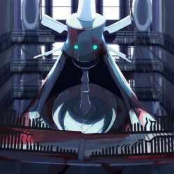 artist_name backlighting blurry blurry_background catwalk_(walkway) celesteela gen_7_pokemon giant glowing glowing_eyes green_eyes highres indoors leaning_forward nintendo no_humans pokemon pokemon_(creature) railing rust signature sketch solo straight-on tsukkon ultra_beast upper_body window