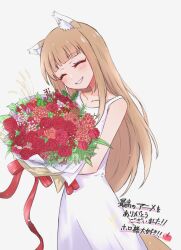 1girl :d ^_^ akuma0320 alternate_costume animal_ear_fluff animal_ears blunt_bangs blush bouquet brown_hair closed_eyes collarbone commentary_request cowboy_shot dress facing_viewer flower grin happy highres holding holding_bouquet holo long_hair open_mouth red_flower red_ribbon red_rose ribbon rose sidelocks sleeveless sleeveless_dress smile solo spaghetti_strap spice_and_wolf straight_hair sundress translation_request very_long_hair wheat white_dress wolf_ears wolf_girl