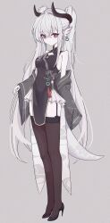 1girl absurdres bare_shoulders black_dress black_thighhighs breasts brown_thighhighs china_dress chinese_clothes closed_mouth dress earrings full_body garter_straps glasses grey_background hair_between_eyes high_heels highres horns jacket jade_(gemstone) jewelry lizard_tail long_hair long_sleeves looking_at_viewer medium_breasts mengyuan_(rimworld) off_shoulder pelvic_curtain pointy_ears red_eyes rimworld salamander_girl sleeveless sleeveless_dress sleeves_past_wrists solo standing tail thighhighs twintails very_long_hair white_hair wide_sleeves yaopei yinber